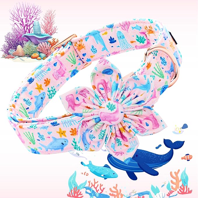 Lionheart glory Dog Collar Flower Pink Dog Collars with Flower Summer Cute Sea Animals Print Collar Dog Female Soft Durable Adjustable Dog Collars for Large Dogs