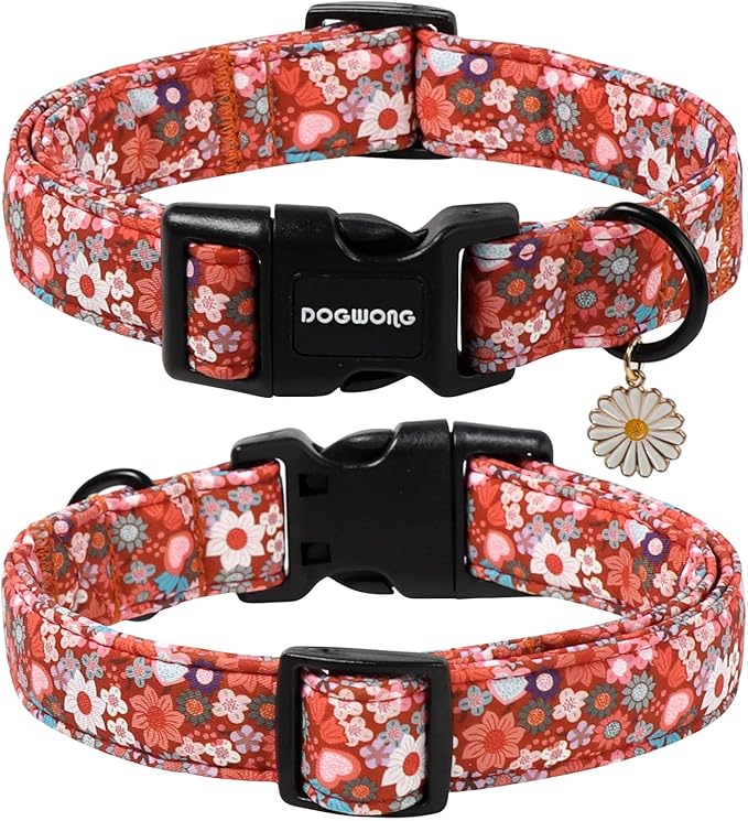 DOGWONG Red Flower Dog Collar, Cute Adjustable Floral Collar, Girl Female Dog Collar with Strong Plastic Buckle for Small Medium Large Dog.M