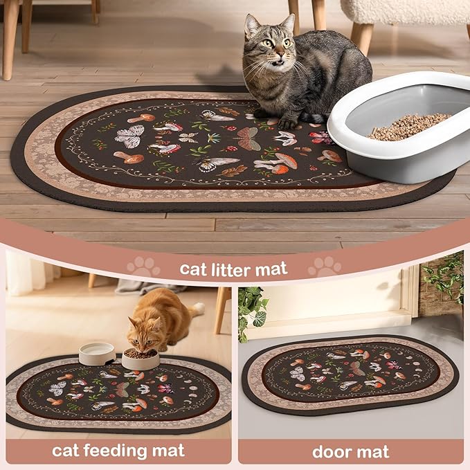 Bienbee Cat Litter Mat, 33" x 22" Large Size Litter Box Mat Rug with Non-Slip Bottom,Urine and Water Proof, Easy to Clean Cat Supplies Essentials for Indoor Kitty Kitten Floor,Brown Mushrooms L