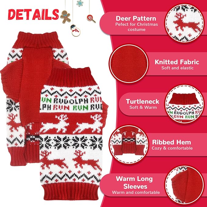 Dog Christmas Sweater Xmas Pet Clothes Cute Reindeer Christmas Dog Costume Outfits Holiday Knitwear Puppy Cat Jumpers New Year Gifts for Small Medium Large Dogs(Red Runing Deer,L)