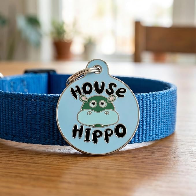 Bad Tags Personalized Dog and Cat ID Tags in 25+ Designs and 2 Sizes - 5 Lines of Custom Engraved Text - Funny Cute Personalized Pet Tags (House Hippo - Blue, Small (1 inch))