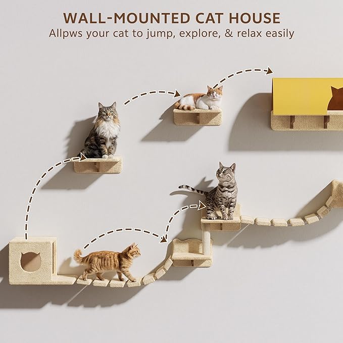 16-in-1 Cat Wall Shelves, Wall Mounted Cats Furniture Set w/Plush Fabric, Cat Climbing Wall Systems, Cats Shelf with 40''L Tunnel, Condos, House, Steps, Bridge Ladder & Scratching Post, Beige