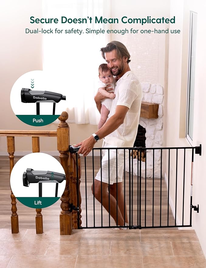 Babelio Baby Gate for Stairs, Kitchen & Doorways, No Bottom Bar| Easy Install| One-Handed Operation| Auto-Close| Hardware Mount Safety Dog Gate (Black - B17, 34" H, 26-43" W-Standard 2 Pcs)