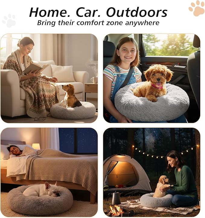JOLLYVOGUE Calming Dog Bed for Small Dogs - 23 inches Donut Washable Small Dog Bed for Kittens & Puppies, Anti-Slip Round Fluffy Plush Faux Fur Cat Beds (Fits up to 25 lbs Pets, Grey)