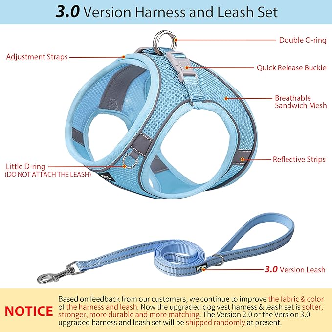 AIITLE Dog Harness, No-Pull Cat Harness with a Leash, Adjustable Reflective Dog Vest, Cat Harness Escape Proof, Outdoor Walking, Running,Training for Extra Small Dogs and House Cats Pure Blue XXXS