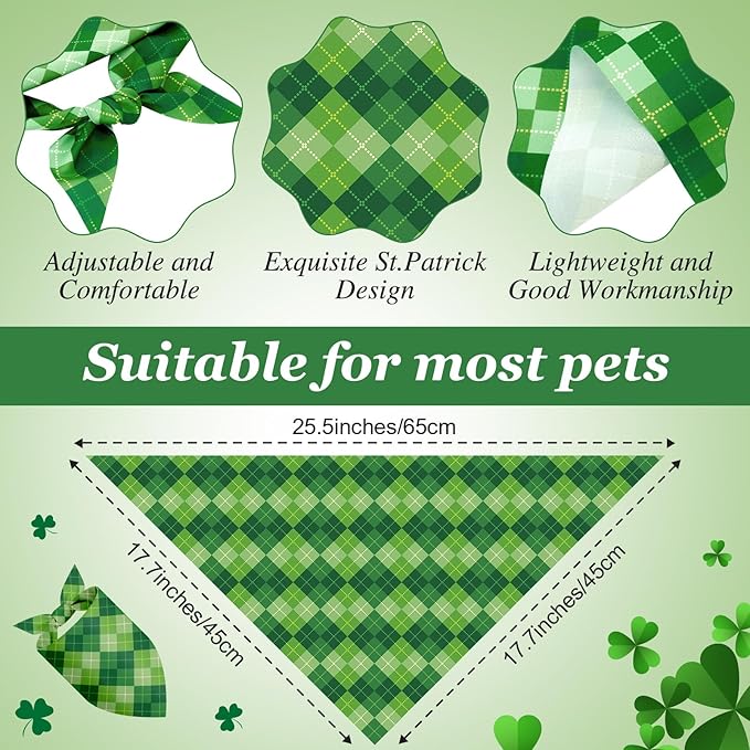 Weewooday 50 Pcs St Patricks Day Bandanas Bulk for Dogs Adjustable Irish Shamrocks Clover Green Plaid Triangle Soft Bibs Puppy Bandana for Small Medium Large Cat Pet Costume(25.6 x 17.7 x 17.7 Inch)