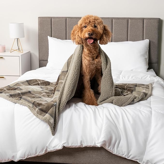 PetAmi Waterproof Dog Blanket for Medium Large XL Dog Puppy Cat Throw for Couch Cover Leakproof Protection, Sherpa Fleece, Reversible Soft Washable 80x60 Plaid Taupe