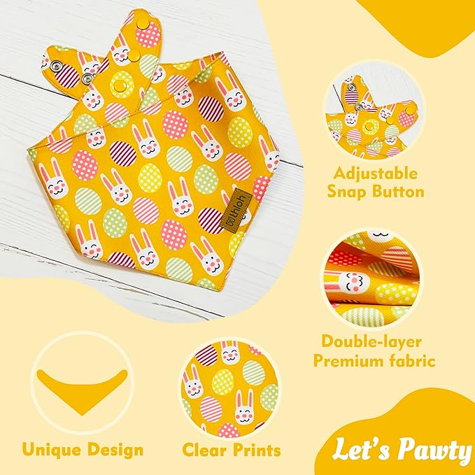 Easter Dog Bandanas with Snap Button, 2 Pack Reversible Spring Bandana for Boy & Girl, Premium Durable Fabric, Bunny and Egg Dog Scarf for Medium and Large Dogs (Large)