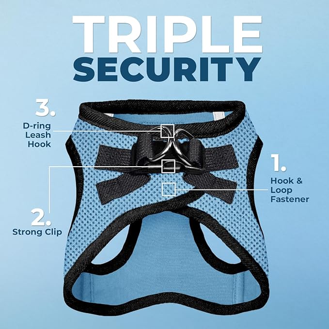 Best Pet Supplies - All Weather Mesh / Plush, Reflective, No Pull Harness for Small, Medium Dogs, Cats - Secure with Hook & Loop Fastener, Buckle, Double D-Rings - Baby Blue/Black Trim, L