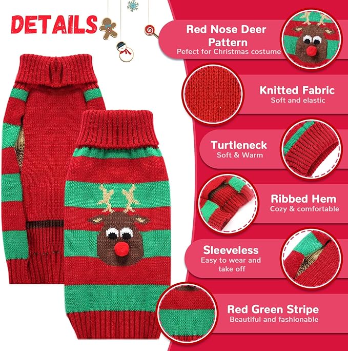 Dog Cat Christmas Sweater Boy Girl Ugly Reindeer Xmas Pet Clothes Holiday Puppy Costume New Year Gifts for Small Medium Large Dogs Outfits (S, Red Green Stripe Reindeer)