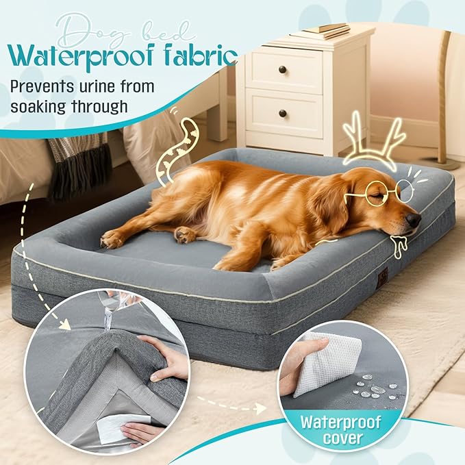 Waterproof Memory Foam Dog Beds for Extra Large Dogs Non-Slip Orthopedic Dog Beds Washable Couch Pet Bed with Removable Cover (Grey, Large)