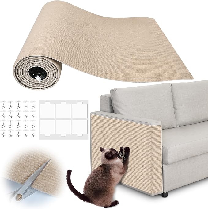 Cat Scratch Furniture Protector - 40" x 17" Trimmable Self-Adhesive Cats Claws Scratch Pads, DIY Cat Climbing Couch Protector for Scratch Post Cat Tree Replacement Indoor (Khaki)