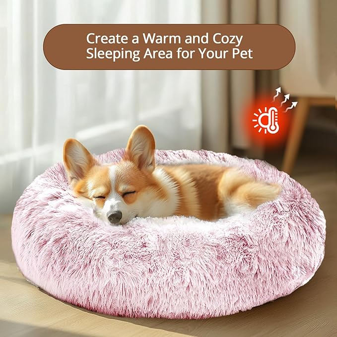 JOLLYVOGUE Calming Dog Bed Medium Size Dog, Anti-Anxiety Donut Medium Pet Bed, 31 inches Fluffy Faux Fur Round Cat Bed, Fits up to 45 lbs Pets (Smoke Pink)