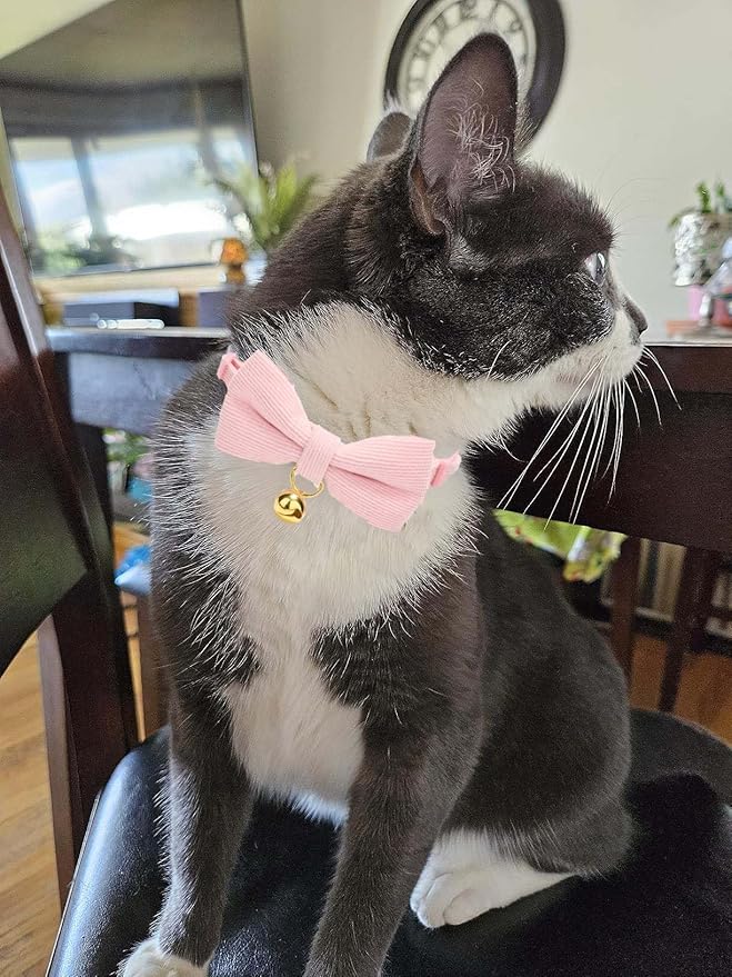 2 Pack Soft Corduroy Cat Collars with Bow Tie & Bell Adjustable Breakaway Bowtie Kitten Collar for Girl Boy Kittens(Blue & Pink)
