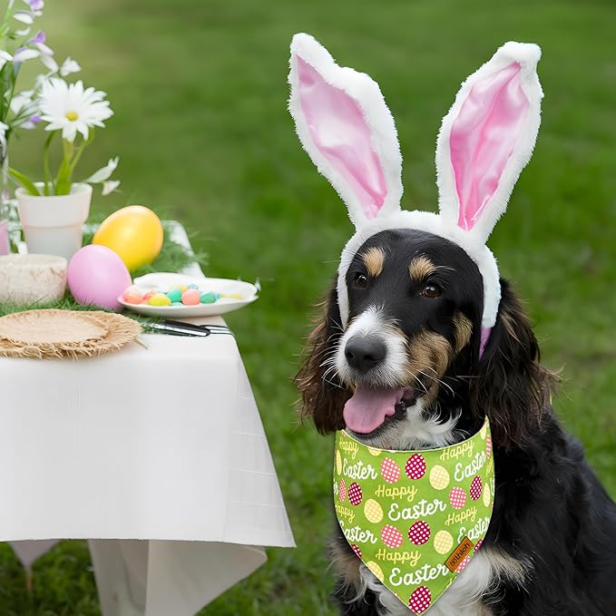 Easter Dog Bandanas with Snap Button, 2 Pack Reversible Spring Bandana for Boy & Girl, Premium Durable Fabric, Bunny and Egg Dog Scarf for Large and Extra Large Dogs (X-Large)
