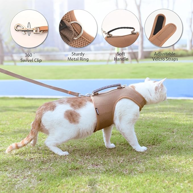 Cat Harness and Leash for Walking Escape Proof Breathable Mesh Fabric, Solid Brown, Extra Large, Adjustable Cat Walking Jackets with Handle, Padded Stylish Cat Vest