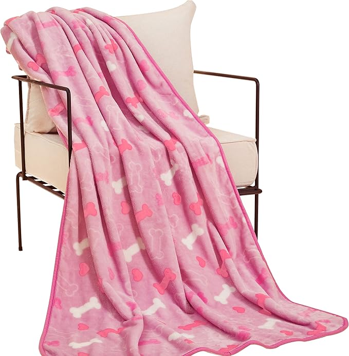 Allisandro Luxurious Dog Blanket, 350 GSM Super Fuzzy Microplush Fleece Pet Blankets for Small Medium Large Dogs and Cats, Pink Bone, 64 × 40 Inches
