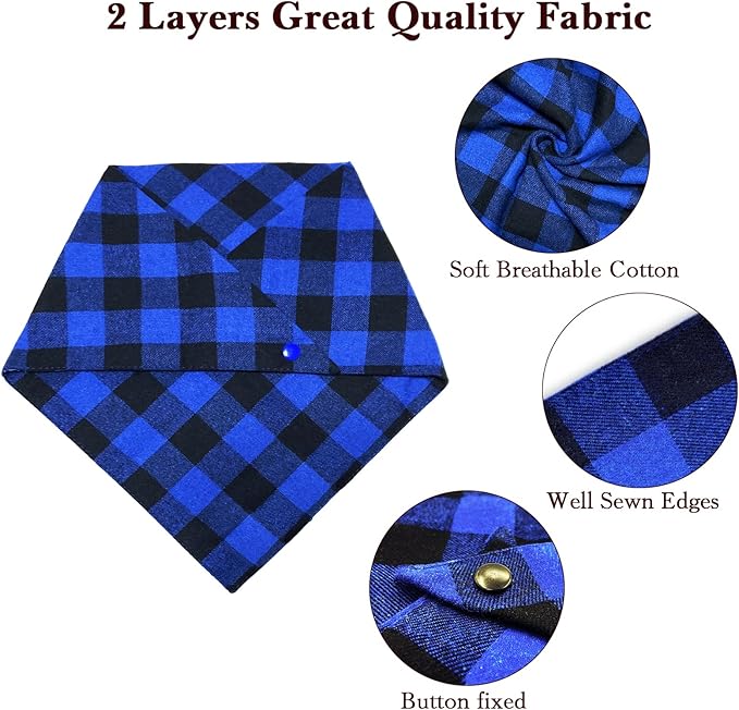 Christmas Plaid Bandana with Button, Fall Dual Layer Soft Cotton Triangle Dog Scarf Kerchief Washable Girl Boy Bandanas Adjustable Accessories for Small Medium Large Extra Large Puppy Pet