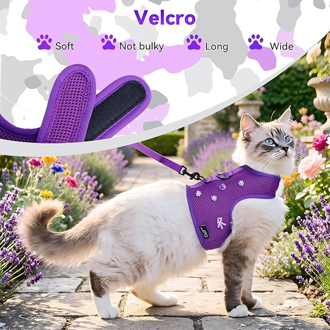 Cat Harness and Leash for Walking Escape Proof Breathable Mesh Fabric, Purple, XX-Large, Adjustable Cat Walking Jackets with DIY Beads, Padded Stylish Cat Vest