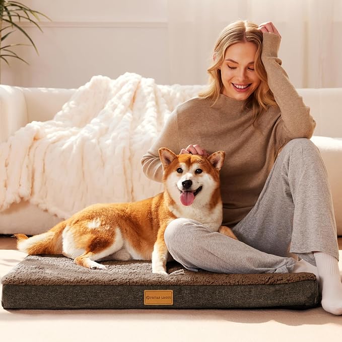 Patas Lague Orthopedic Jumbo Dog Bed for Large Sized Dog 56''X40'', Soft Waterproof Egg Crate Foam Large Pet Crate Beds Mat with Removable Washable Cover and Non-Slip Bottom, Brown