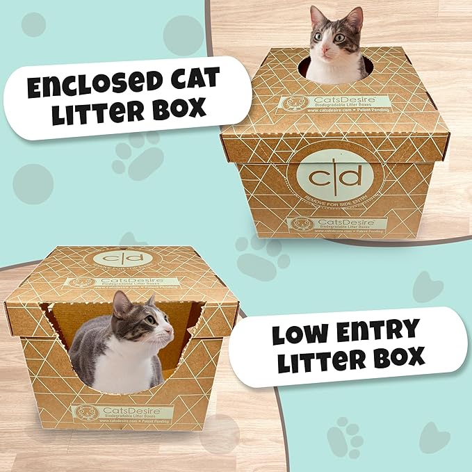 Disposable Litter Boxes for Cats Sampler Both Our Patented Products Woman Owned Small Bus. Made in USA Tray 8.5in. Tall Top Entry Litter Box 15in. Tall. 2021 A.I.C.C. Innovation Award