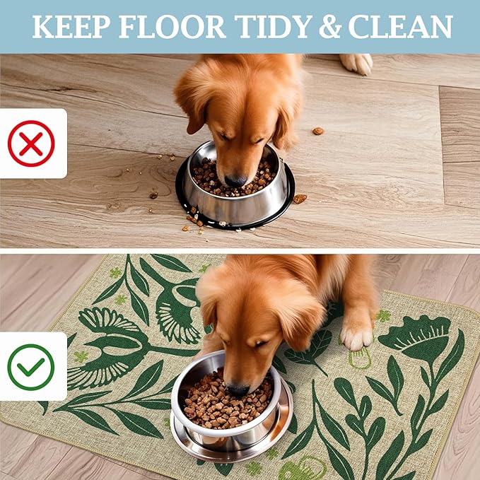 SHIYUE Dog Food Mats for Floors, Absorbent Cat Bowl for Food and Water, Non-Slip Accessories Pet Supplies(16"x24",Green Flower Bird)