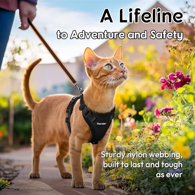 Dooradar Cat Harness and Leash Set, Escape Proof Safe Adjustable Kitten Vest Harnesses for Walking, Easy Control Soft Breathable Mesh Jacket with Reflective Strips for Cats, Black, XXS