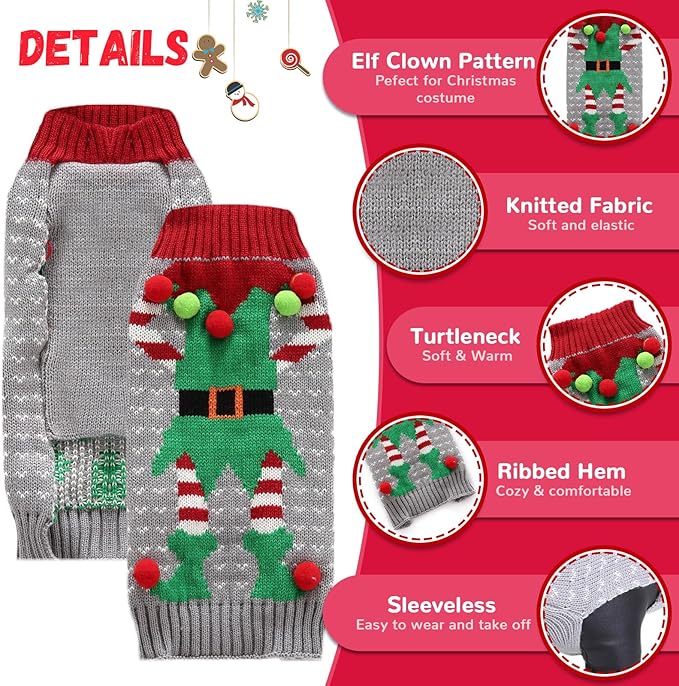 Dog Cat Ugly Christmas Sweater Boy Girl Xmas Pet Clothes Holiday Puppy Costume New Year Gifts for Small Medium Large Dogs Outfits (XXL, Grey Elf)
