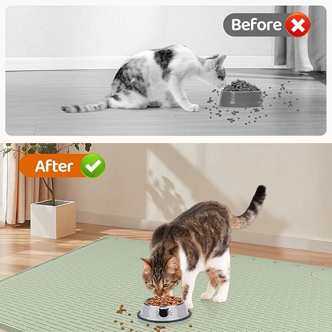 Cat Food Mat, 34" x 22" Large Silicone Pet Feeding Mat for Food and Water Bowls Non-Slip, Easy to Clean (Green)