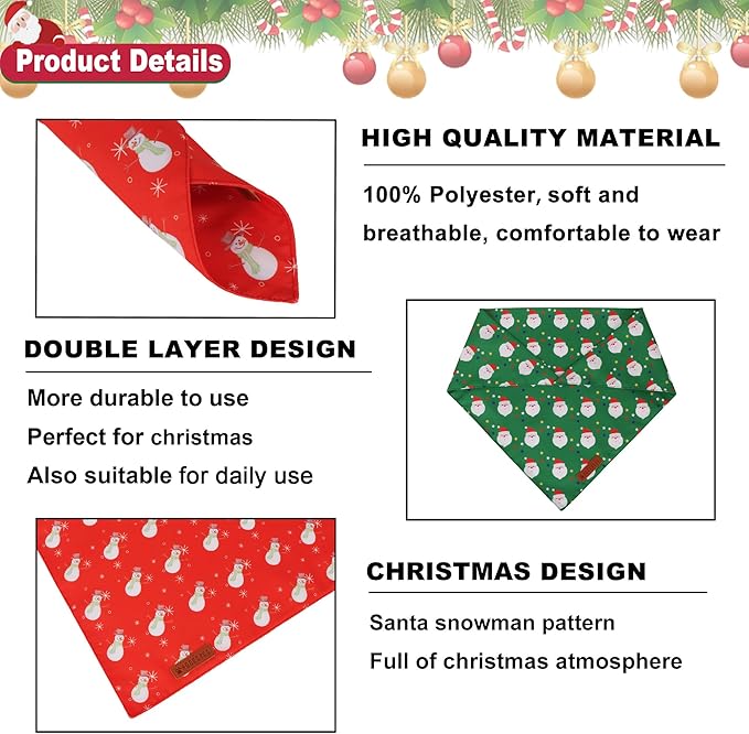 ADOGGYGO Christmas Dog Bandanas 2 Pack, Reversible Santa Snowman Xmas Pet Scarf Bib, Adjustable Fit Red Green Christmas Bandana for Small Dogs (Small)