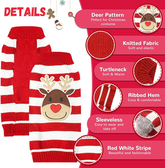Dog Christmas Sweater Cute Striped Reindeer Xmas Pet Clothes Holiday Puppy Cat Costume New Year Gifts for Small Medium Large Dogs Jumpers (S, Red White Stripe Reindeer)