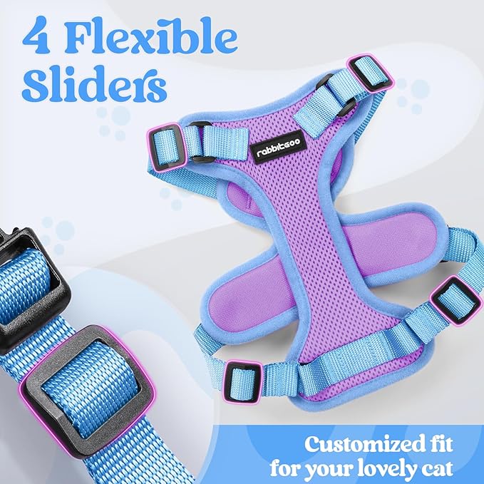 rabbitgoo Cat Harness and Leash Set, Escape Proof Soft Adjustable Vest Harnesses for Outdoor Walking, Easy Control Breathable Kitten Jacket with Reflective Strips, Purple & Blue, S