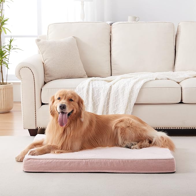 Memory Foam Large Dog Bed, Orthopedic Dog Crate Bed with Cooling Gel Foam, Waterproof Liner and Washable Cover, Joint Relief Pet Sleeping Bed for Medium Large Dogs (Pink)