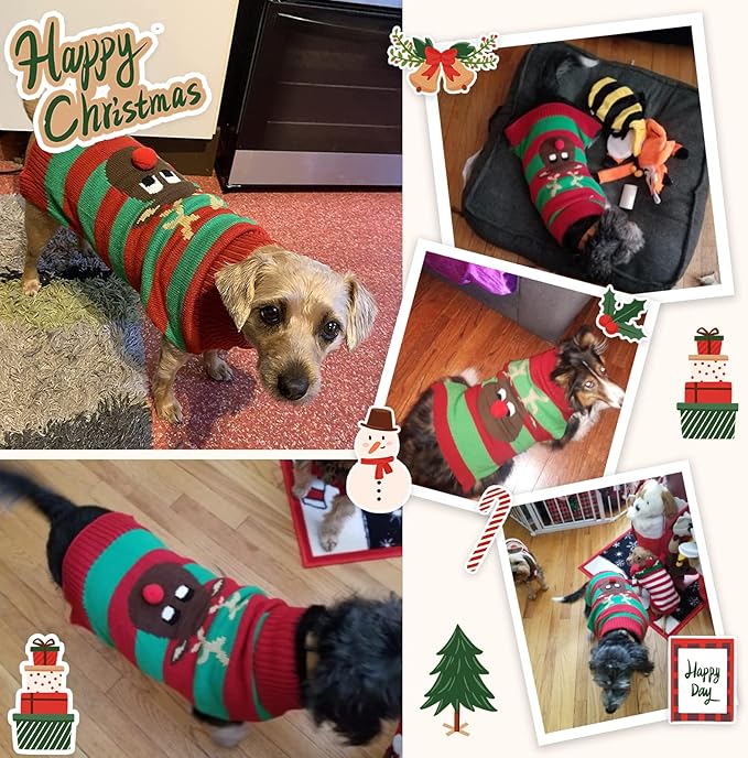 Dog Cat Christmas Sweater Boy Girl Ugly Reindeer Xmas Pet Clothes Holiday Puppy Costume New Year Gifts for Small Medium Large Dogs Outfits (S, Red Green Stripe Reindeer)