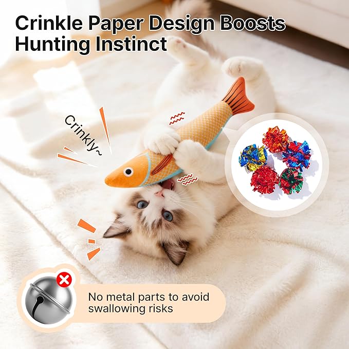 Potaroma Cat Toys Saury Fish, 3 Pack, Catnip Crinkle Sound, Soft and Durable, Interactive Kitten Kicker for Indoor Kitty Exercise 9.4 Inches for All Breeds