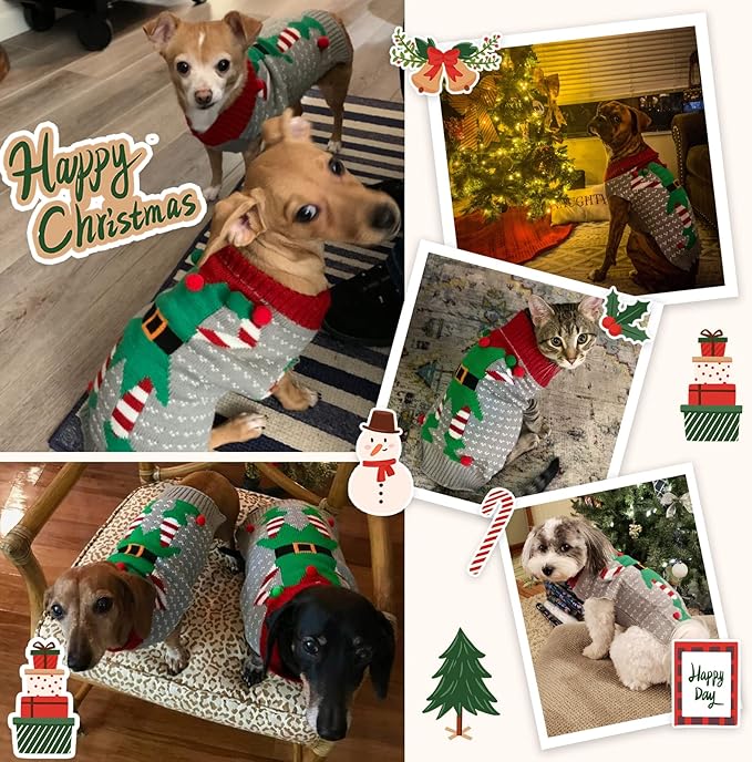 Dog Cat Ugly Christmas Sweater Boy Girl Xmas Pet Clothes Holiday Puppy Costume New Year Gifts for Small Medium Large Dogs Outfits (M, Grey Elf)