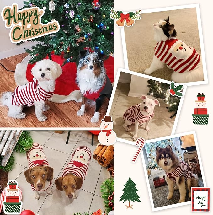Dog Christmas Sweater Xmas Pet Clothes Cute Striped Santa Claus Costume Holiday Puppy Cat Jumpers Outfits New Year Gifts for Small Medium Large Dogs (XXS, Red White Stripe Santa Claus)