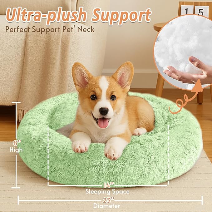 JOLLYVOGUE Calming Dog Bed for Small Dogs - 23 inches Donut Washable Small Dog Bed for Kittens & Puppies, Anti-Slip Round Fluffy Plush Faux Fur Cat Beds (Fits up to 25 lbs Pets, Light Green)