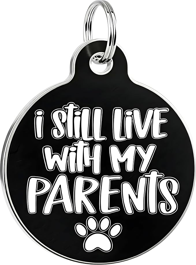 Bad Tags Personalized Dog and Cat ID Tags in 25+ Designs and 2 Sizes - 5 Lines of Custom Engraved Text - Funny Cute Personalized Pet Tags (I Still Live with My Parents, Large (1.25 inch))