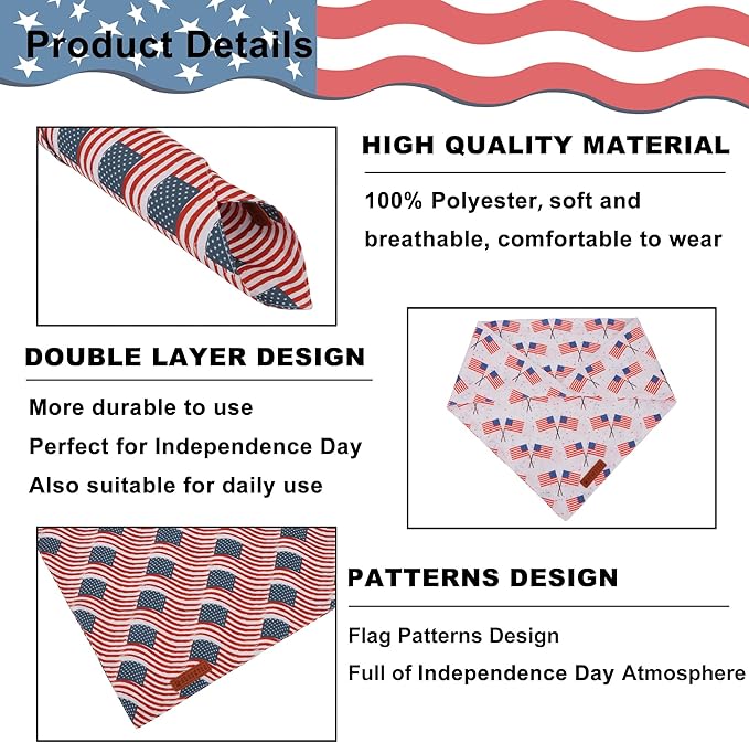 ADOGGYGO American Flag Dog Bandana 2 Pack, Reversible White Red USA Flag Pet Scarf Bib, Adjustable Fit 4th of July Bandanas for Small Dogs Pets (Small)