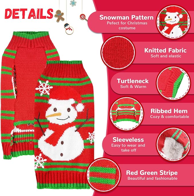 Dog Christmas Sweater Cute Snowman Puppy Cat Costume Boy Girls Xmas Holiday Pet Clothes New Year Outfits Gifts for Small Medium Large Dogs (XS, Red Green Stripe Snowman)