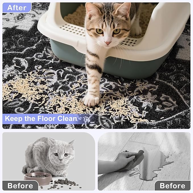 Bienbee Cat Litter Mat, 24" x 15" Litter Box Mat Rug with Non-Slip Bottom,Urine and Water Proof, Easy to Clean Cat Supplies Essentials for Indoor Kitty Kitten Floor, Black M