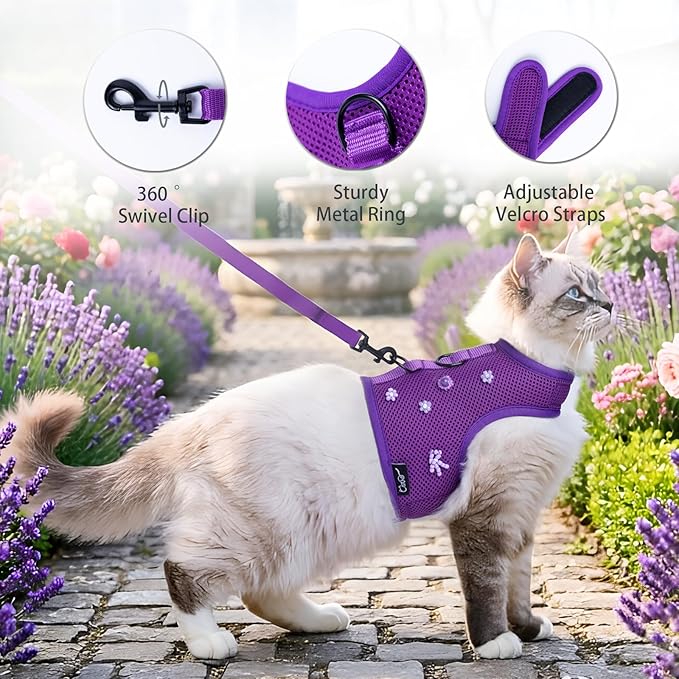 Kitty Harness and Leash for Walking Escape Proof Breathable Mesh Fabric, Purple, X-Small, Adjustable Cat Walking Jackets with DIY Beads, Padded Stylish Cat Vest