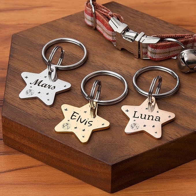 Anavia Small Size Dog Cat ID Tags, Small/XS Personalized Color Plated Stainless Steel Puppy Kitten Name Tags, Customized Engraved Nameplate Pet Collar Tag (Silver, Star)