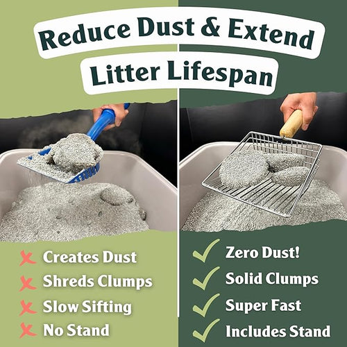 2 PACK Sprinkle & Sweep Metal Cat Litter Scoop - Heavy Duty Litter Scooper & Speed Sifter with Comfortable Beech Wood Grip - Washable Convenient Stand for Easy and Efficient Cleaning