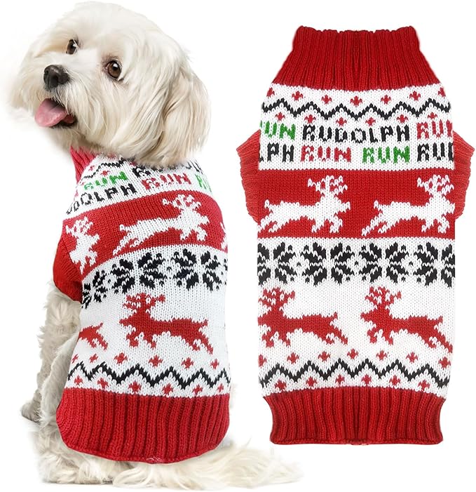 Dog Christmas Sweater Xmas Pet Clothes Cute Reindeer Christmas Dog Costume Outfits Holiday Knitwear Puppy Cat Jumpers New Year Gifts for Small Medium Large Dogs(Red Runing Deer,XS)