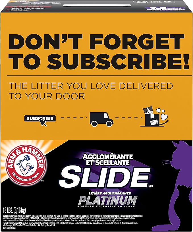 ARM & HAMMER Clump & Seal Slide Platinum Multi-Cat Clumping Cat Litter,14-Day Odor Control,EZ Clean Technology,18 lbs – No Scrubbing,Powerful Odor Eliminator,(Pack of 2)