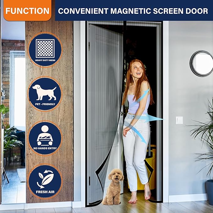 Magnetic Screen Door, Heavy Duty Door Screen Magnetic Closure Keep Bugs Out,Pet & Kid Friendly，Hands Free Door Screen Fit Door Size 60 x 80 Inches