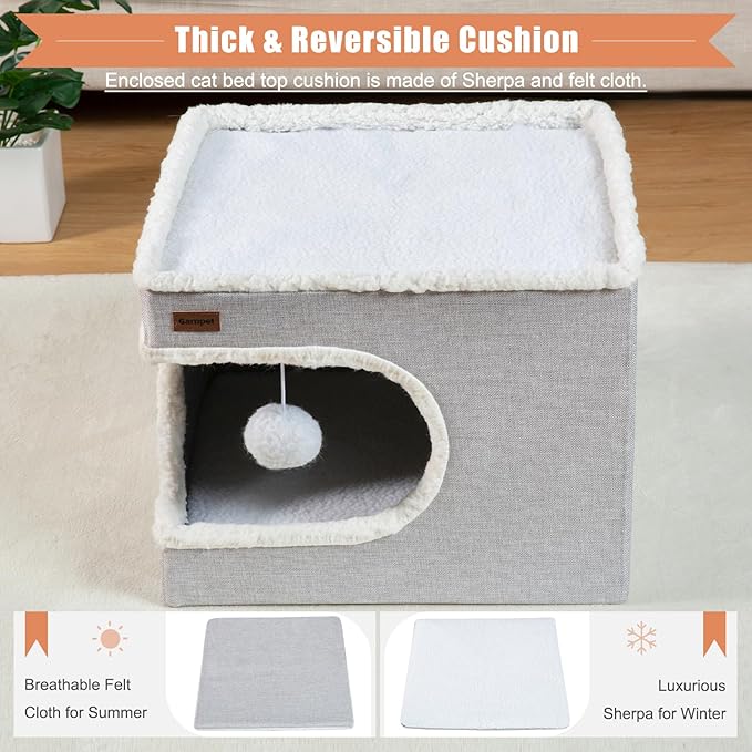 Cat Bed for Indoor Cats Cube House, Covered Cat Cave Beds & Furniture with Scratch Pad and Hideaway Tent, Cute Modern Cat Condo for Multi Small Pet Large Kitten Kitty, Navy