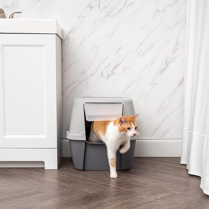 IRIS USA Cat Litter Box, Large Litter Box Enclosure with Front Door Flap and Scoop, Covered Kitty Litter Box with Handle and Buckles for Portability and Privacy, Gray